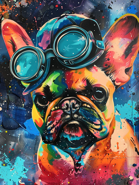Colorful space French Bulldog dog with a hat Expressive surreal Poster # F025020