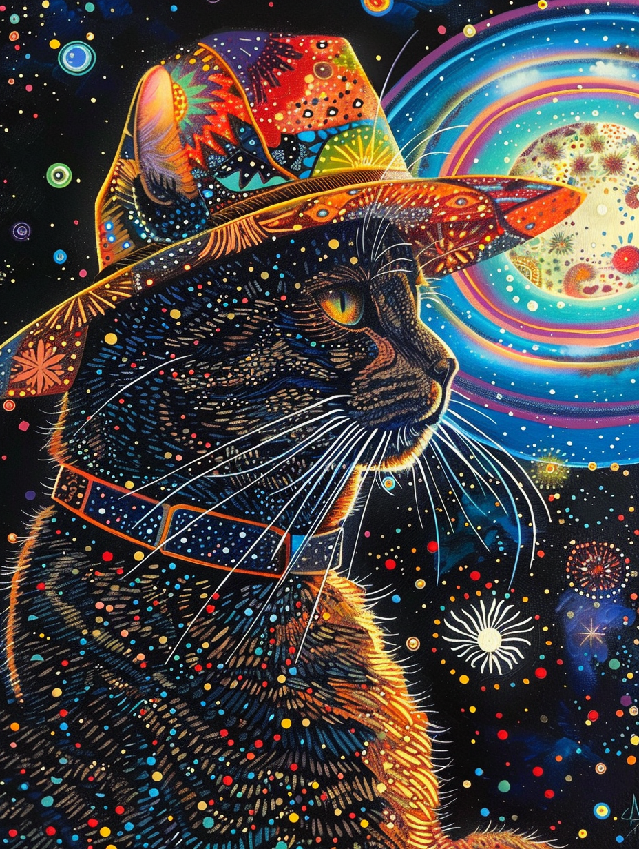 Colorful space Abyssinian cat with a hat Expressive surreal Poster # F025352