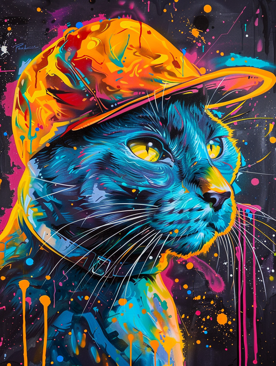 colorful space Russian Blue cat with a hat Expressive surreal Poster # F025220