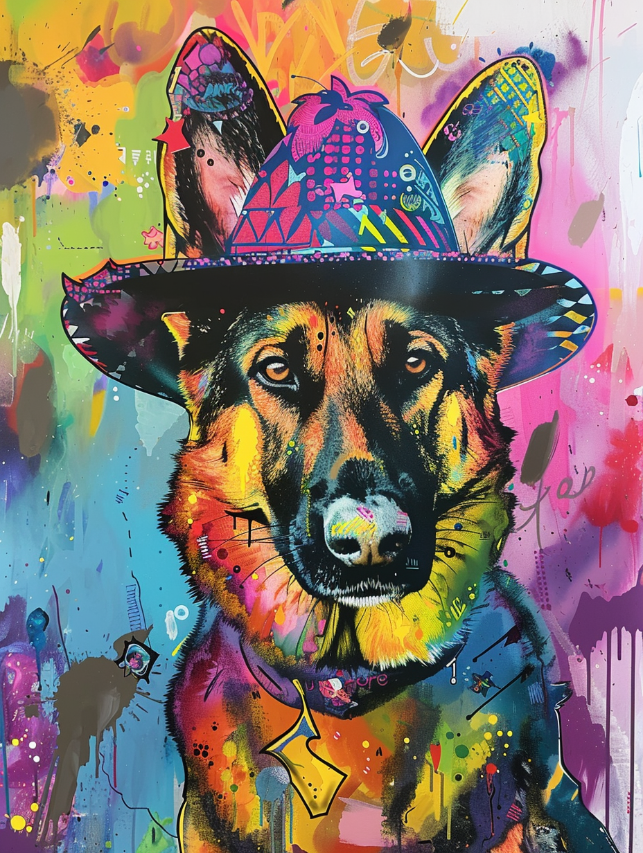 colorful space German Shepherd dog with a hat Expressive surreal Poster # F025409