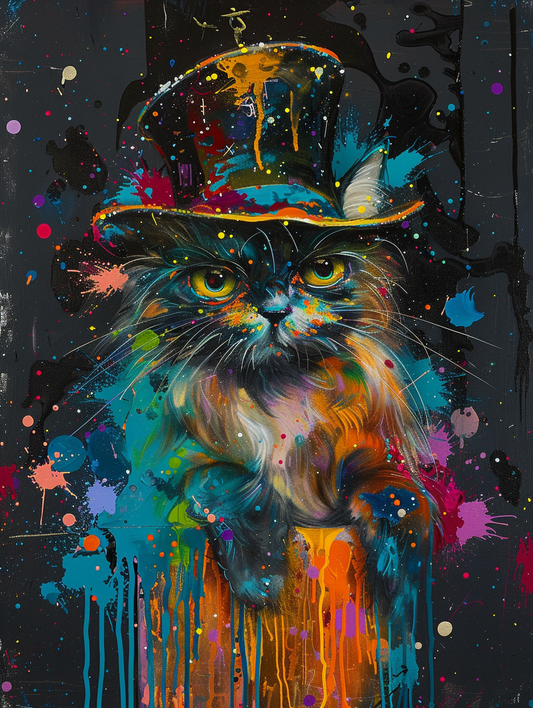 Colorful space Persian cat with a hat Expressive surreal Poster # F025364