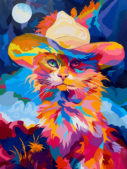 Colorful space Maine Coon cat with a hat Expressive surreal Poster # F024666