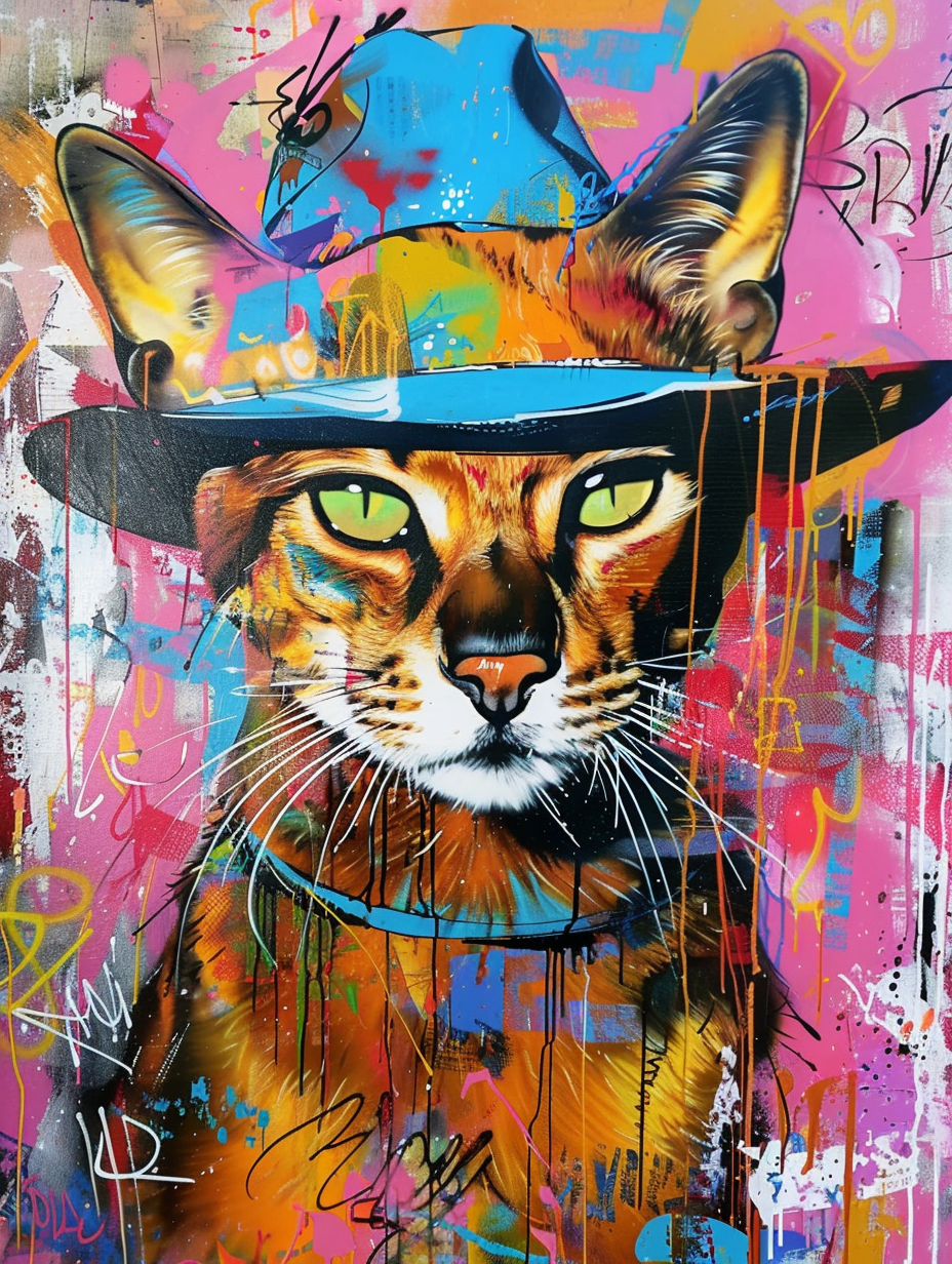 Colorful space Abyssinian cat with a hat Expressive surreal Poster # F025378