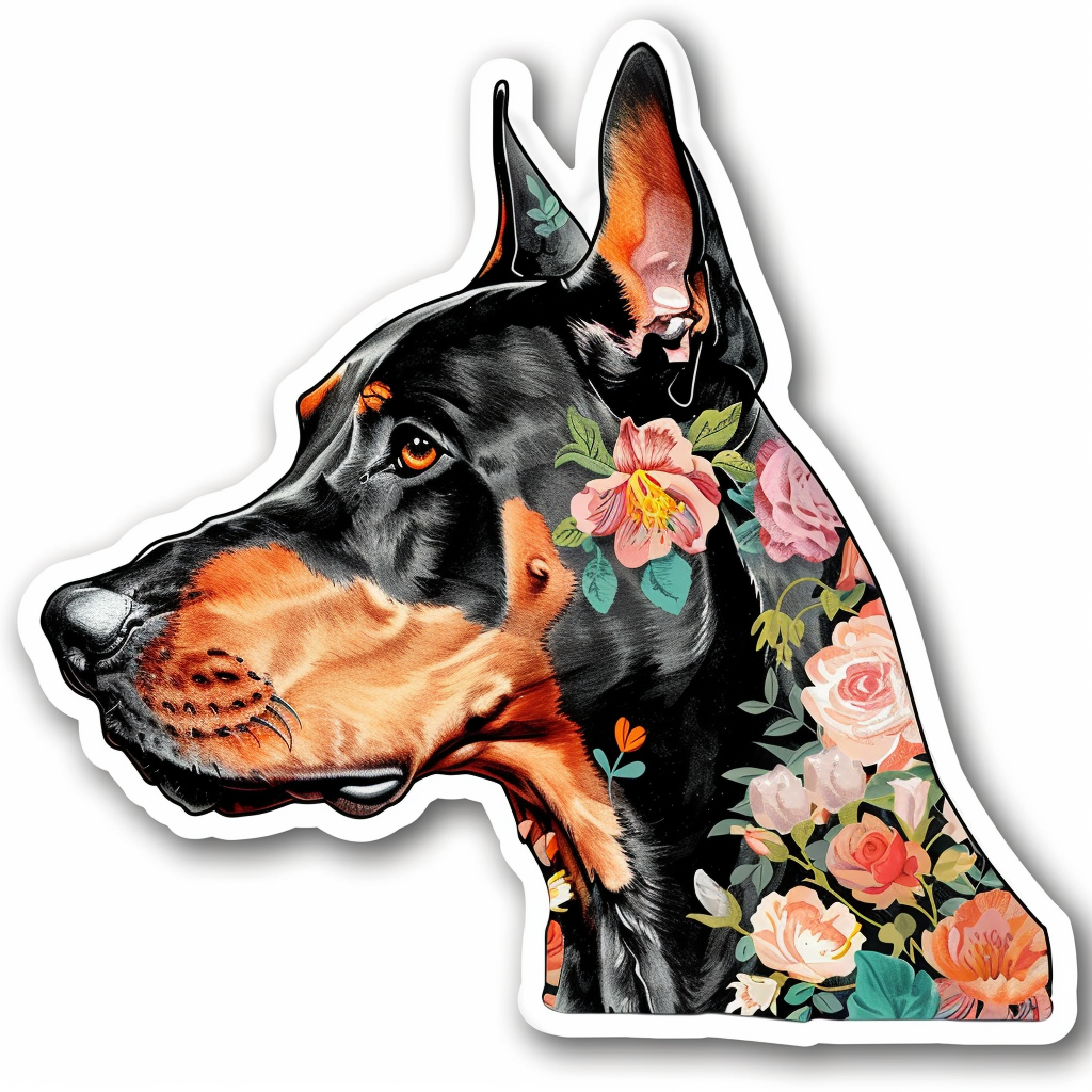 Doberman Pinscher Dog floral majestic Expressive surreal Vinyl Decal Sticker for Car, Laptop, Tumbler and more # F019384