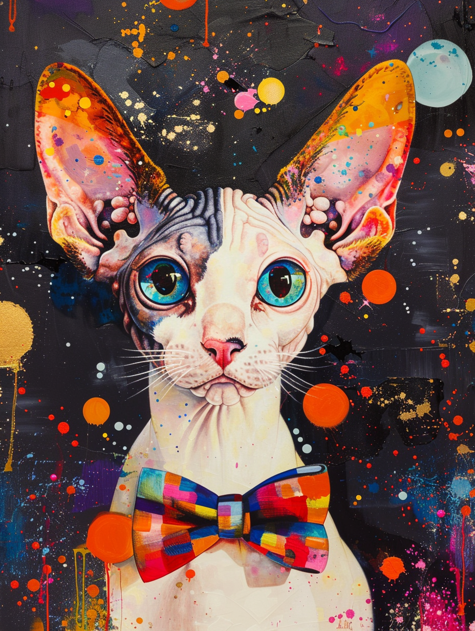 Colorful space Cornish Rex cat with a bow tie Expressive surreal Poster # F024356