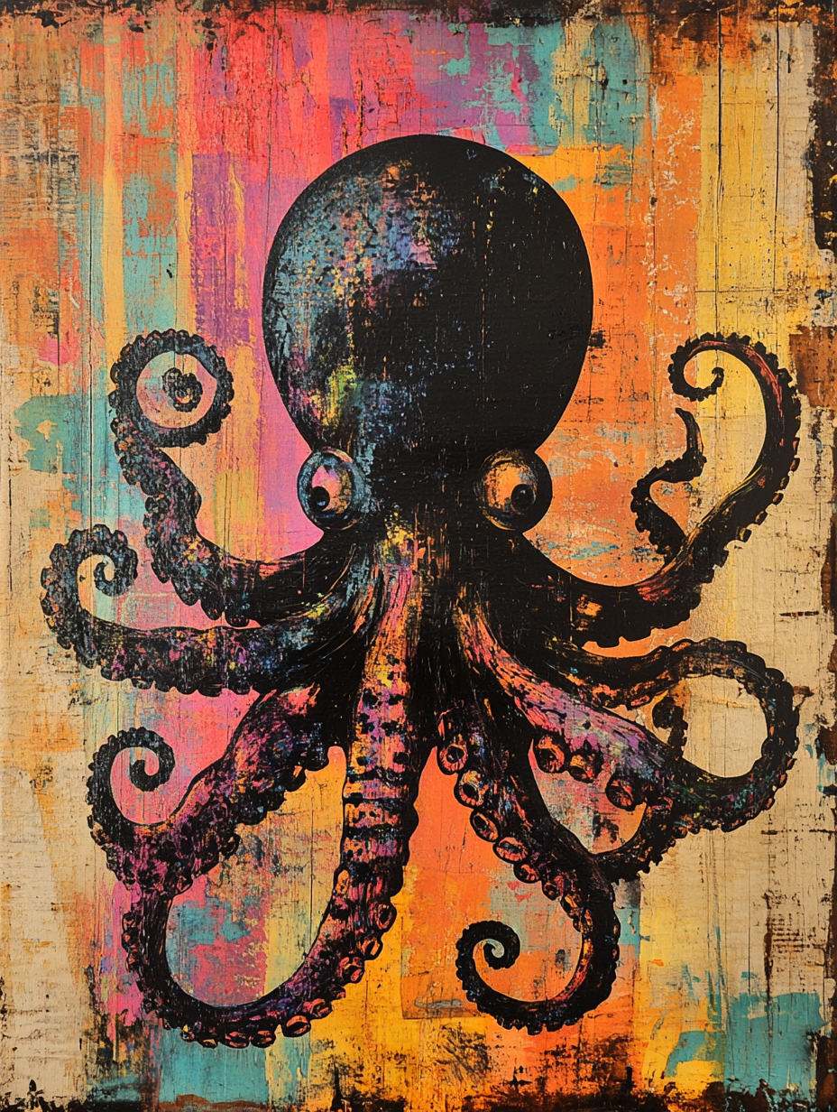 The silhouette of a octopus with an abstract color Expressive surreal Poster # F024842