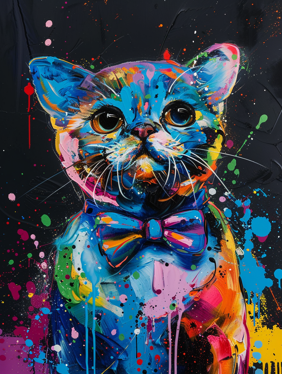 Colorful space Scottish Fold cat with a bow tie Expressive surreal Poster # F024376