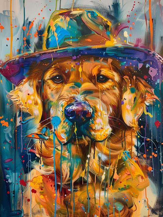 Colorful space Golden Retriever dog with a hat Expressive surreal Poster # F025542