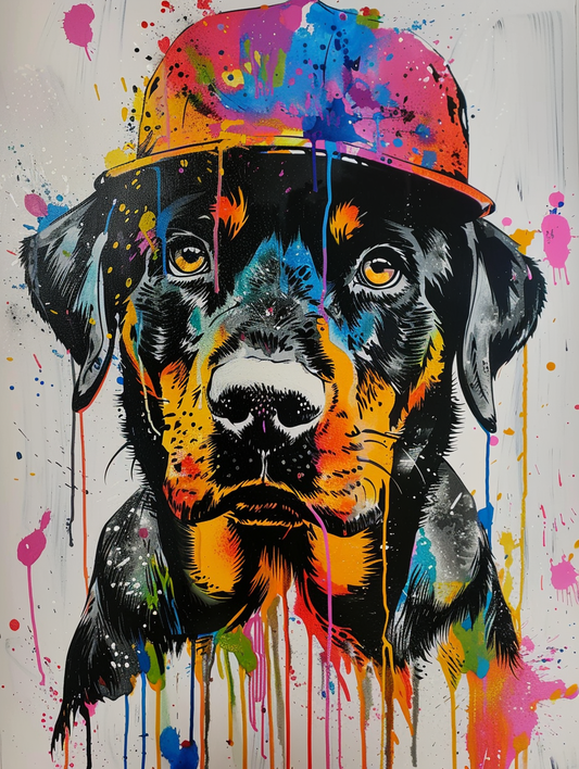 Colorful space Rottweiler dog with a hat Expressive surreal Poster # F025458