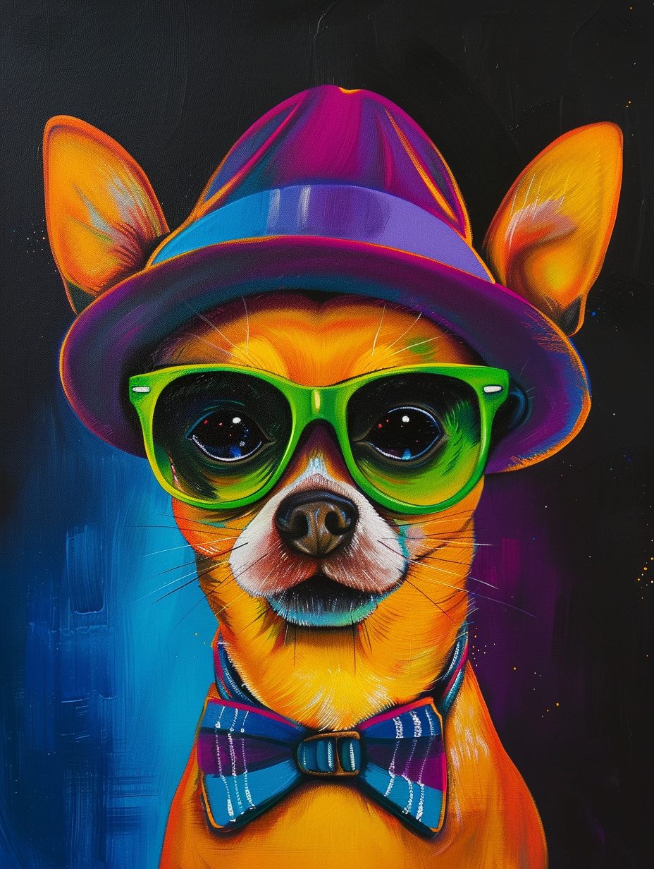 Colorful space Chihuahua dog with a hat Expressive surreal Poster # F024607