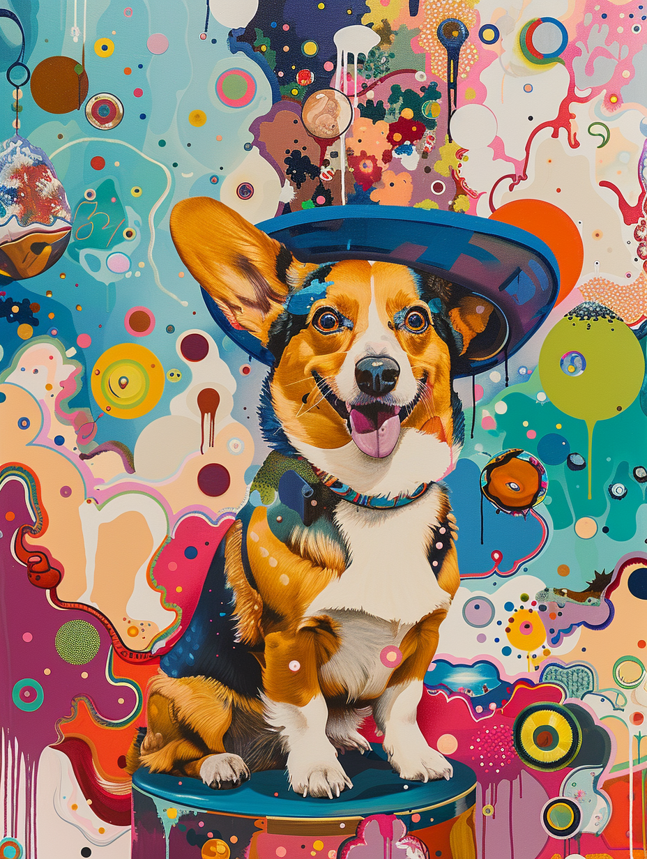 Colorful space Pembroke Welsh Corgi dog with a hat Expressive surreal Poster # F024463