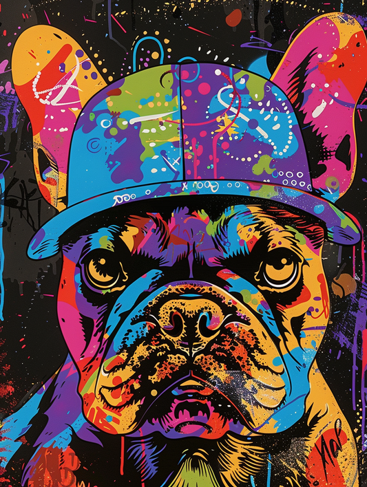 Colorful space French Bulldog dog with a hat Expressive surreal Poster # F025186