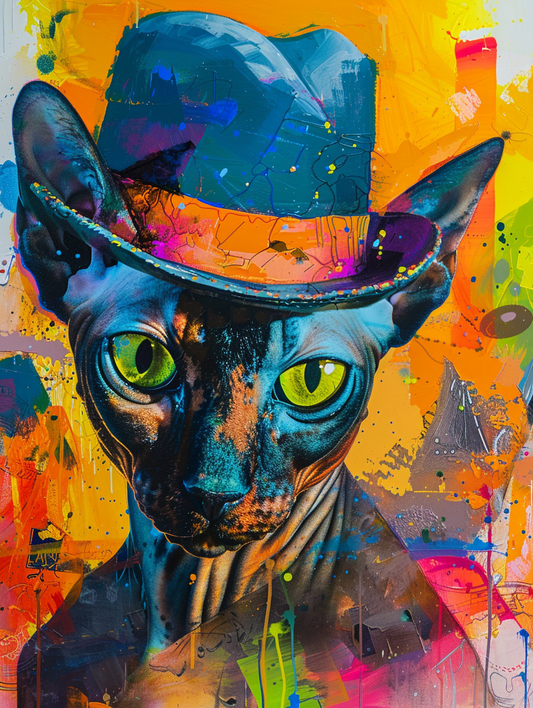 Colorful space Cornish Rex cat with a hat Expressive surreal Poster # F025244