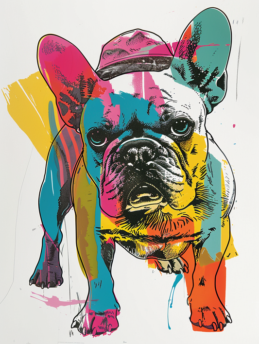 Colorful space French Bulldog dog with a hat Expressive surreal Poster # F025657