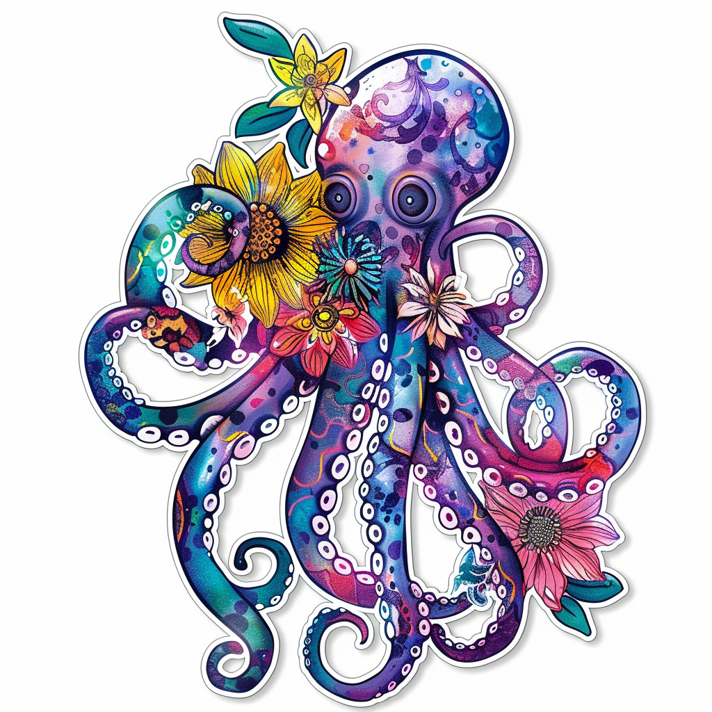 Octopus floral majestic Expressive surreal Vinyl Decal Sticker for Car, Laptop, Tumbler and more # F015556
