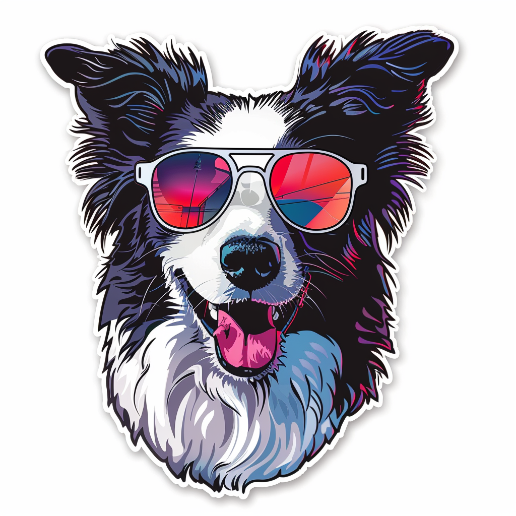 Border Collie Dog wearing sunglasses Expressive surreal Vinyl Decal Sticker for Car, Laptop, Tumbler and more # F021693-4" x 4"