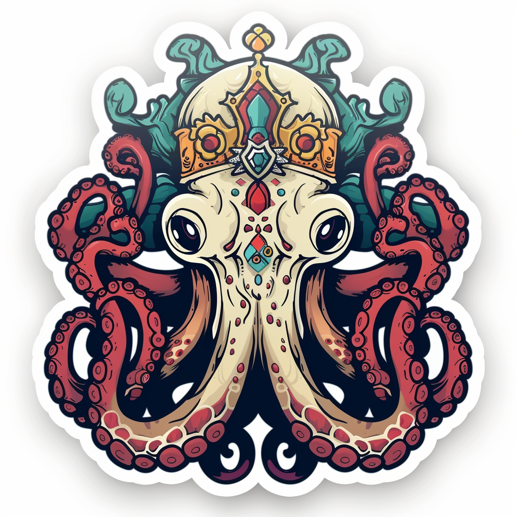 Sticker of a Octopus crowned majestic Expressive surreal Vinyl Decal Sticker for Car, Laptop, Tumbler and more # F015503
