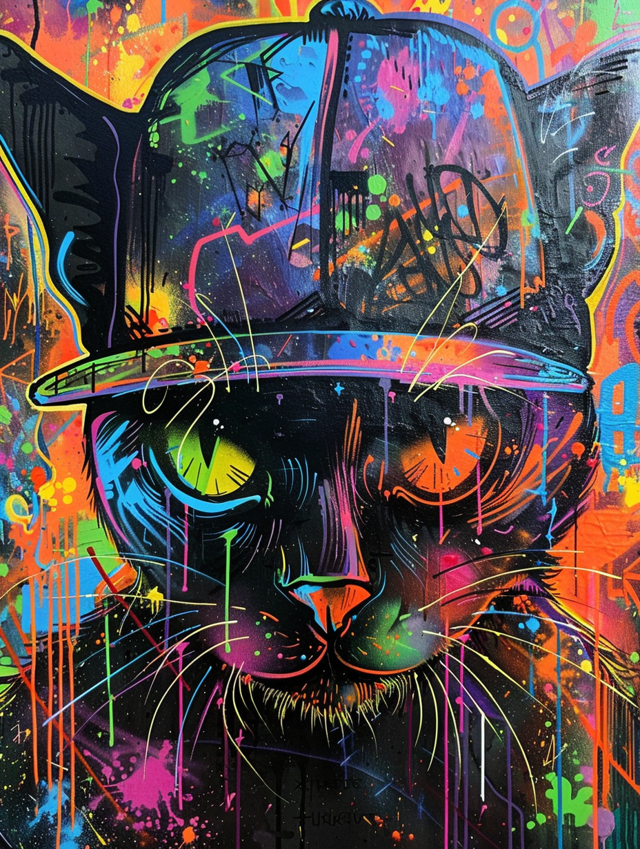 Colorful space Abyssinian cat with a hat Expressive surreal Poster # F025314