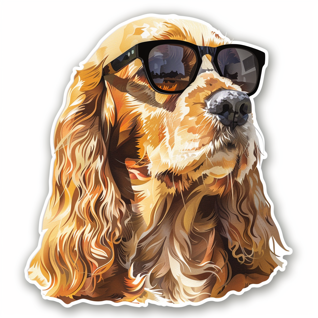Sticker of a Cocker Spaniel Dog wearing sunglasses Expressive surreal Vinyl Decal Sticker for Car, Laptop, Tumbler and more # F020138