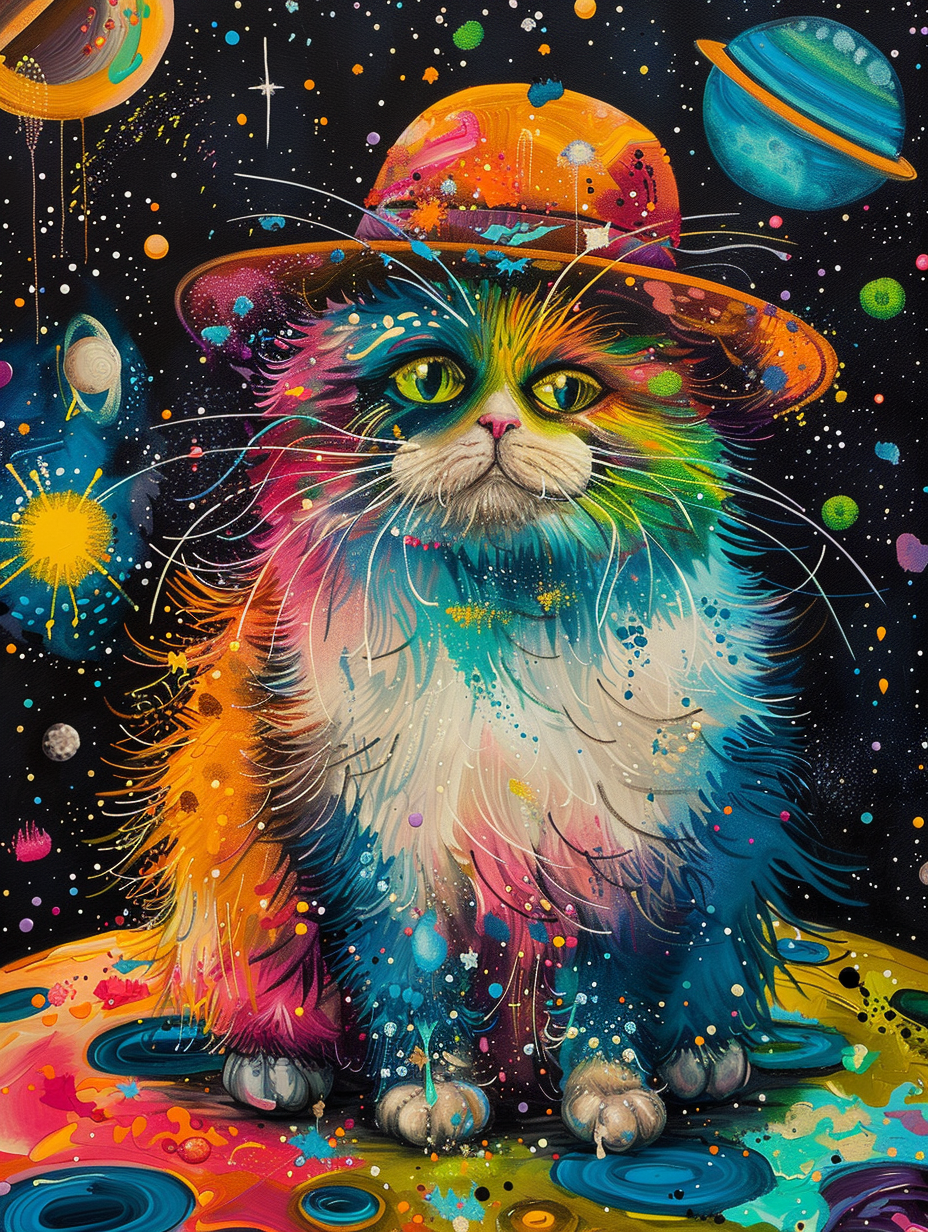 Colorful space Persian cat with a hat Expressive surreal Poster # F025256