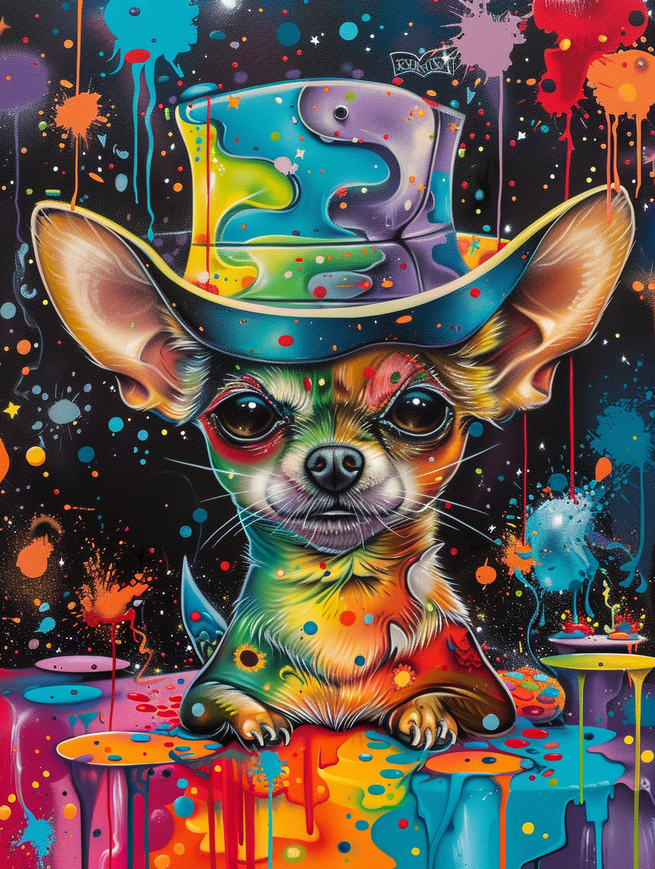 Colorful space Chihuahua dog with a hat Expressive surreal Poster # F024971