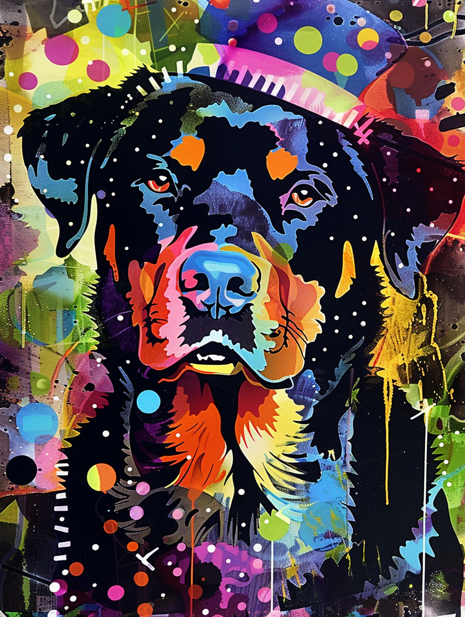 Colorful space Rottweiler dog with a hat Expressive surreal Poster # F025089
