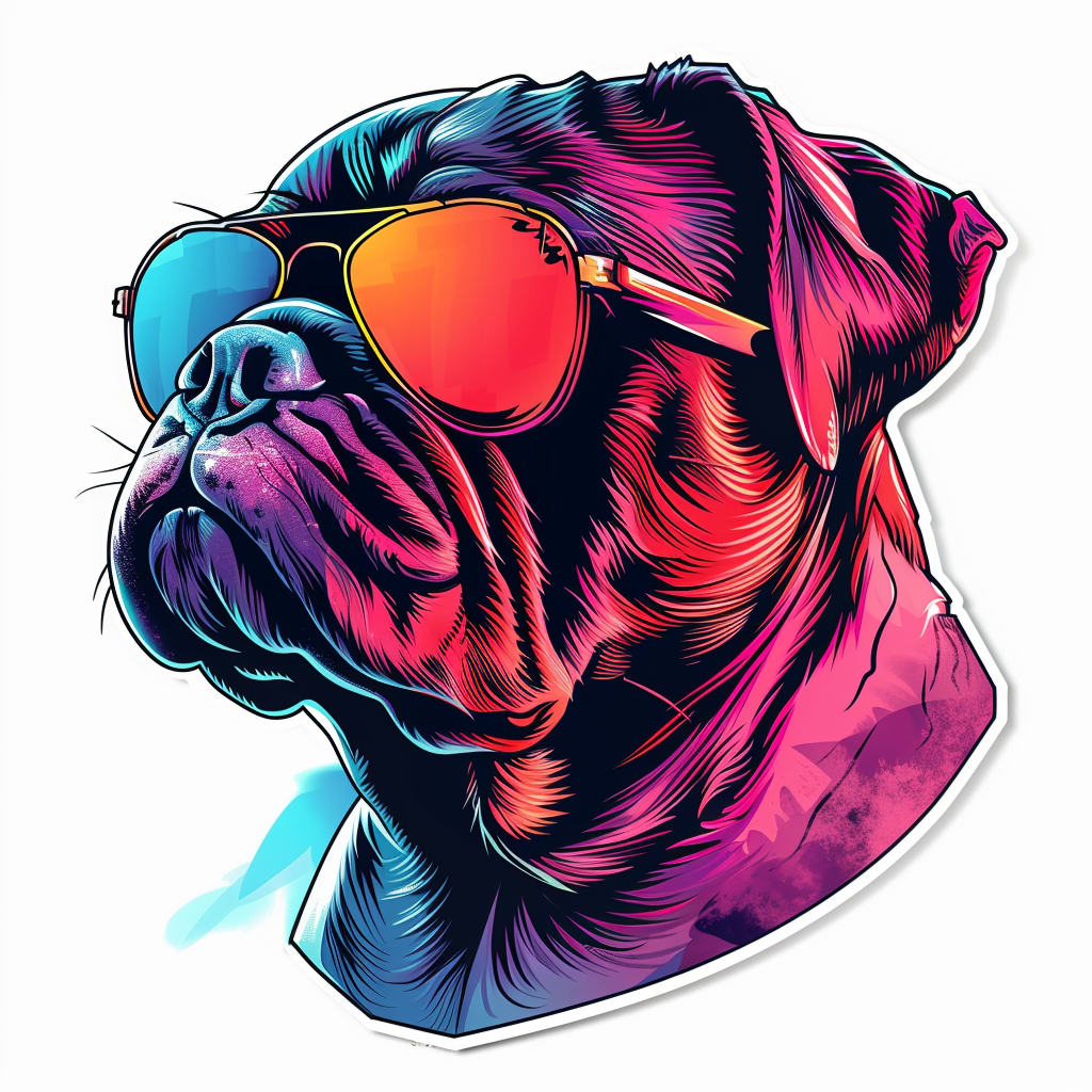 Bulldog Cool Neon Party in sunglasses Expressive surreal Vinyl Decal Sticker for Car, Laptop, Tumbler and more # F018054