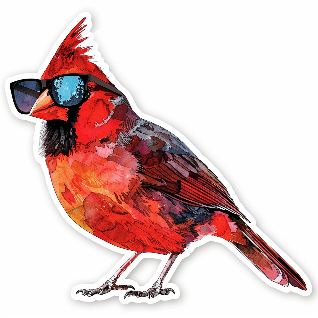 Sticker of a Cardinal Bird wearing sunglasses maje Expressive surreal Vinyl Decal Sticker for Car, Laptop, Tumbler and more # F024218