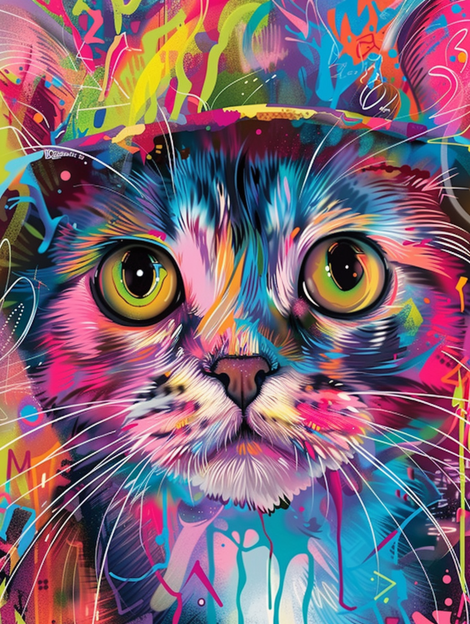 Colorful space Scottish Fold cat with a hat Expressive surreal Poster # F025326