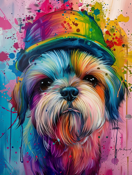 Colorful space Shih Tzu dog with a hat Expressive surreal Poster # F024976