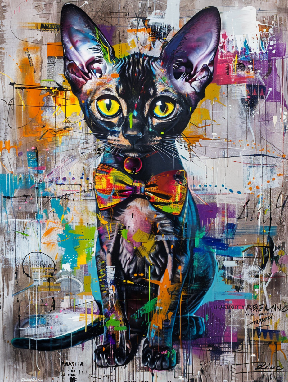Colorful space Abyssinian cat with a bow tie Expressive surreal Poster # F024337