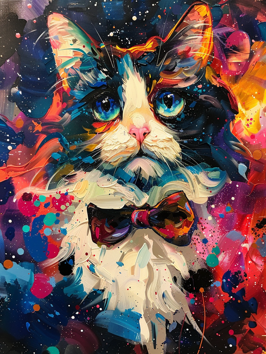 Colorful space Ragdoll cat with a bow tie Expressive surreal Poster # F024694