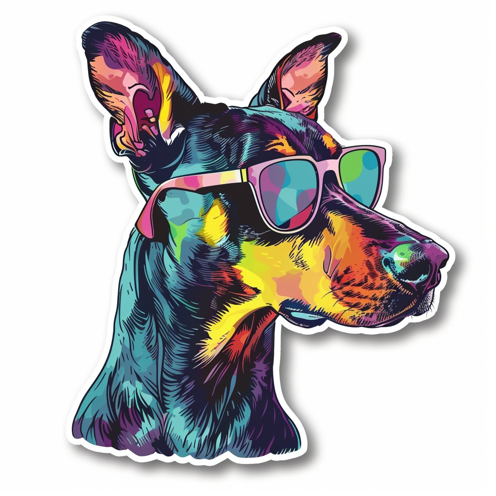 Sticker of a Doberman Pinscher Dog wearing sunglasses Expressive surreal Vinyl Decal Sticker for Car, Laptop, Tumbler and more # F019182