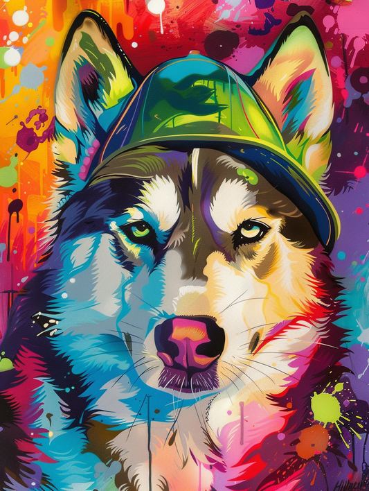 Colorful space Siberian Husky dog with a hat Expressive surreal Poster # F025436