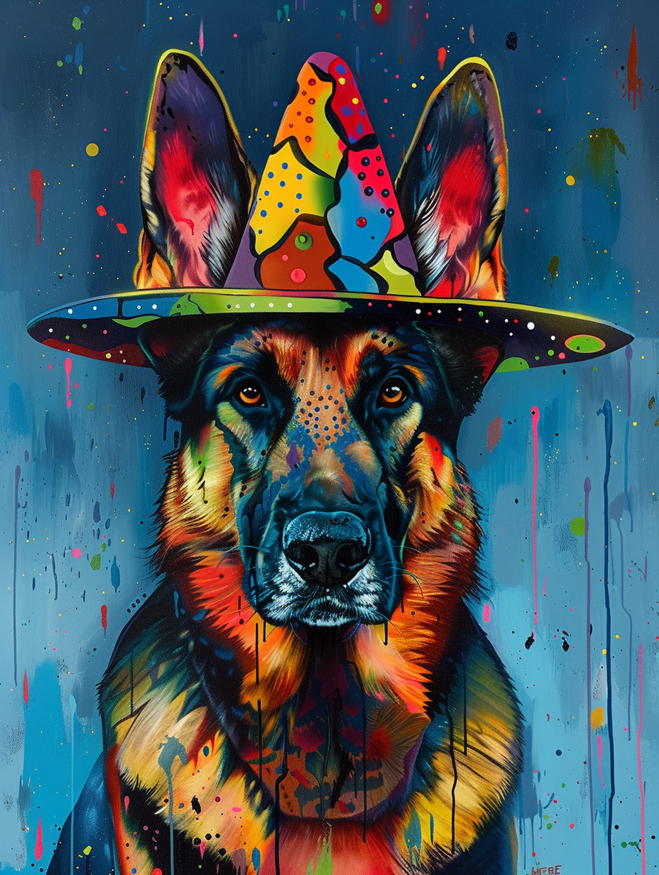 Colorful space German Shepherd dog with a hat Expressive surreal Poster # F025035
