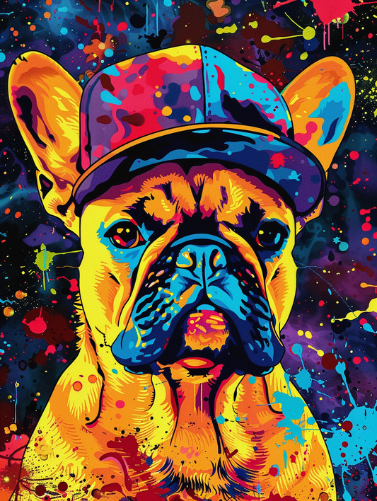 Colorful space French Bulldog dog with a hat Expressive surreal Poster # F025016
