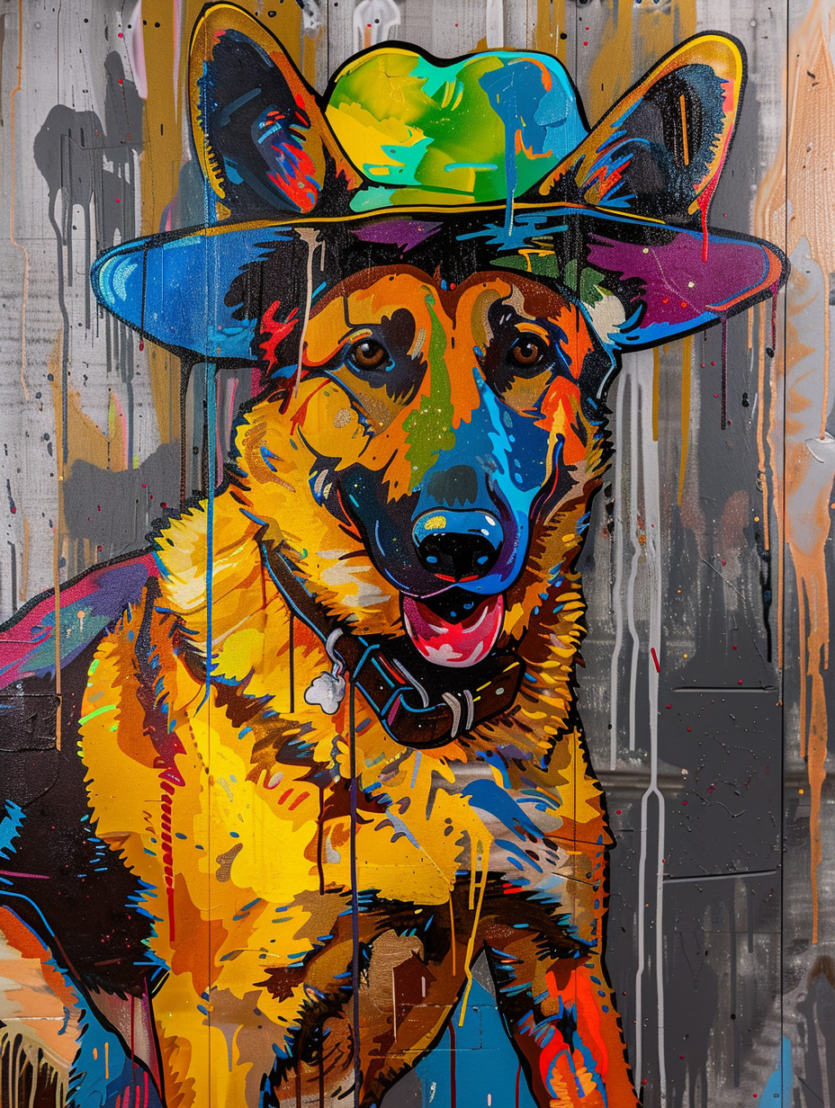 colorful space German Shepherd dog with a hat Expressive surreal Poster # F025397