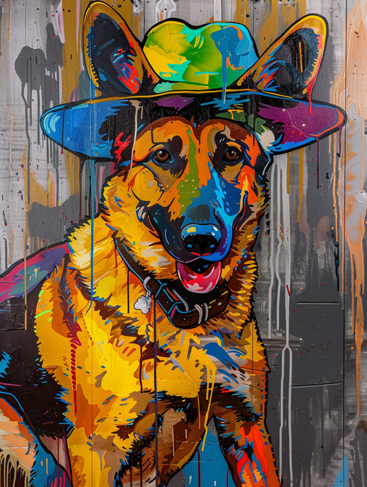 colorful space German Shepherd dog with a hat Expressive surreal Poster # F025397