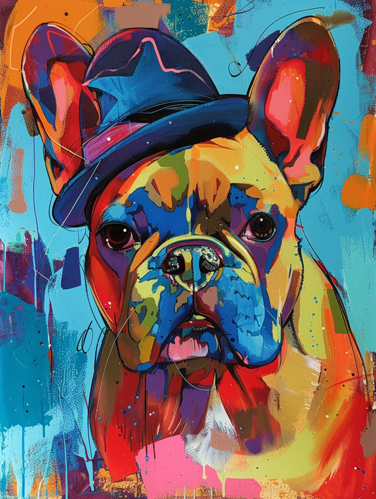 Colorful space French Bulldog dog with a hat Expressive surreal Poster # F025189