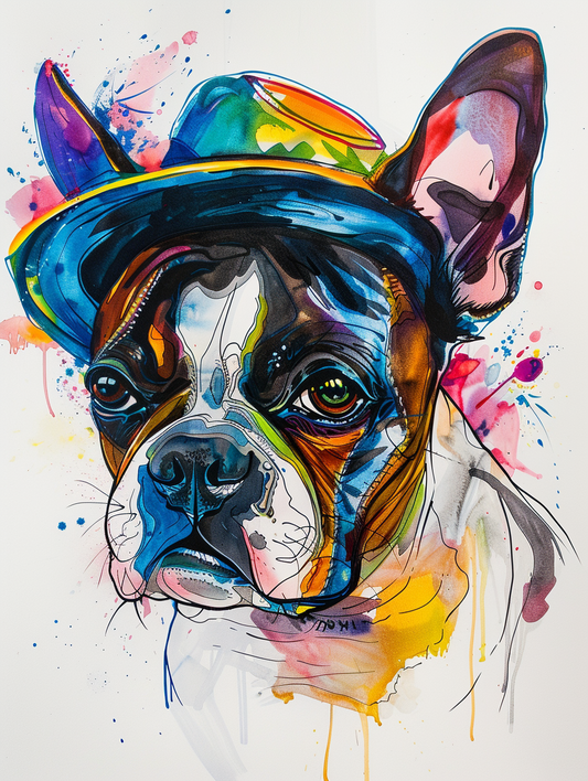 colorful space Boston Terrier dog with a hat Expressive surreal Poster # F025005