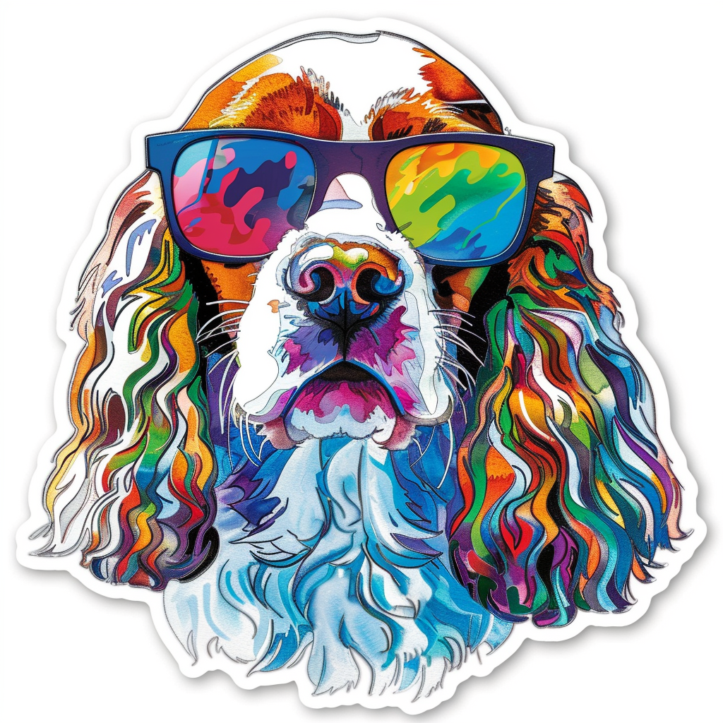 Sticker of a Cocker Spaniel Dog wearing sunglasses Expressive surreal Vinyl Decal Sticker for Car, Laptop, Tumbler and more # F020130