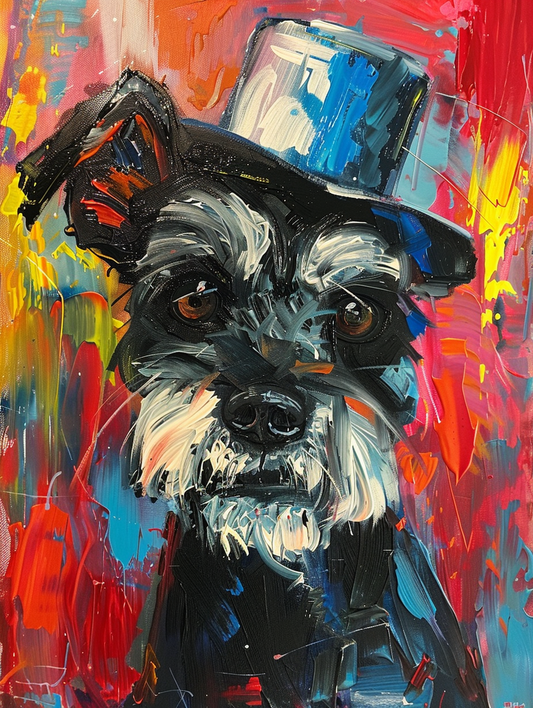 Colorful space Miniature Schnauzer dog with a hat Expressive surreal Poster # F024450