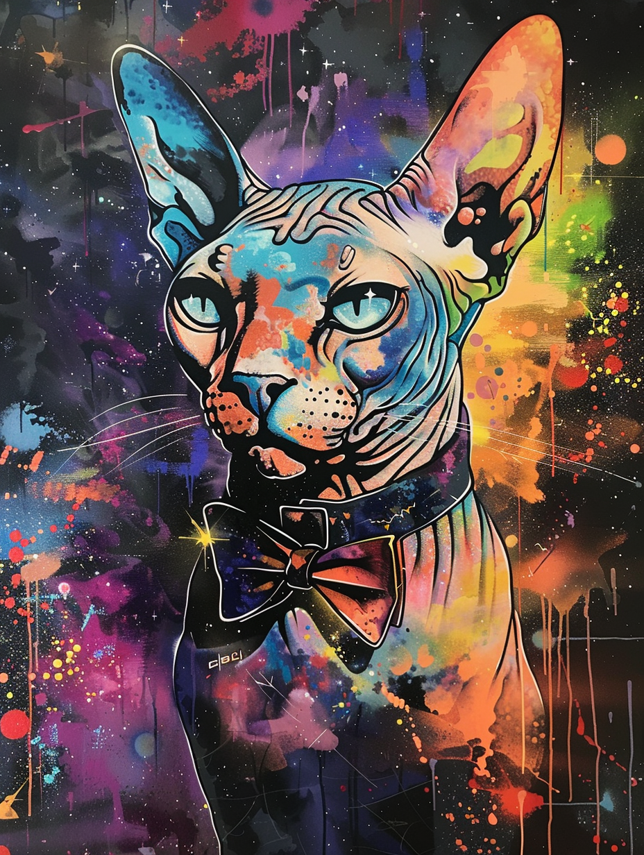 Colorful space Sphynx cat with a bow tie Expressive surreal Poster # F024379