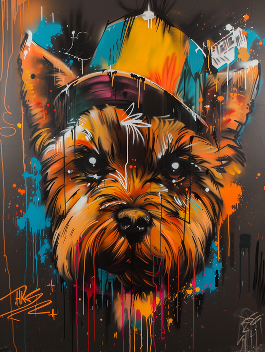 Colorful space Yorkshire Terrier dog with a hat Expressive surreal Poster # F024964