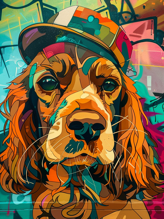 Colorful space Cocker Spaniel dog with a hat Expressive surreal Poster # F024958