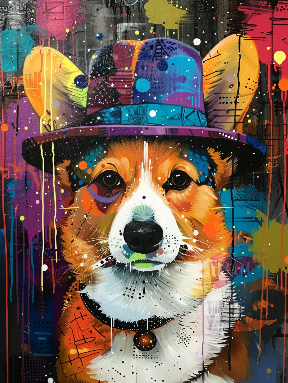Colorful space Pembroke Welsh Corgi dog with a hat Expressive surreal Poster # F024458