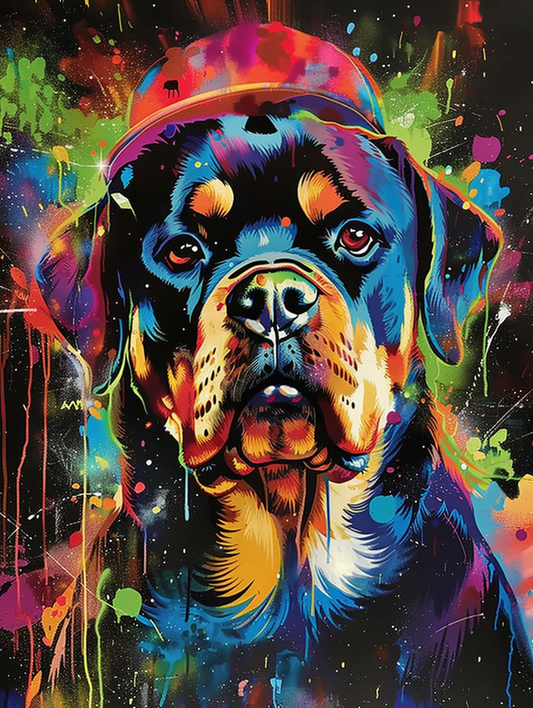 Colorful space Rottweiler dog with a hat Expressive surreal Poster # F025466