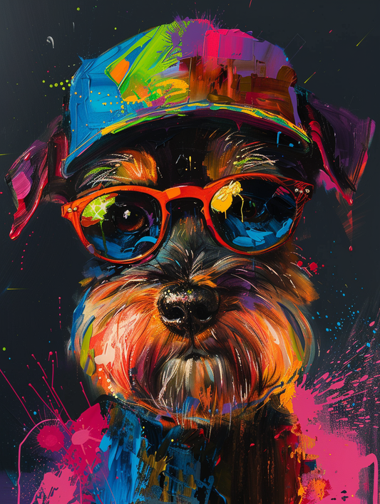 Colorful space Miniature Schnauzer dog with a hat Expressive surreal Poster # F024629