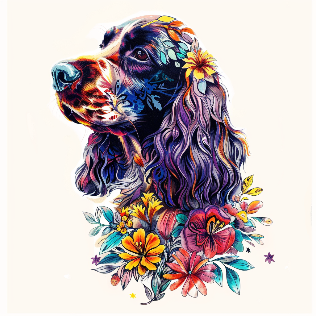 Cocker Spaniel Dog floral majestic Expressive surreal Vinyl Decal Sticker for Car, Laptop, Tumbler and more # F020068-4" x 4"
