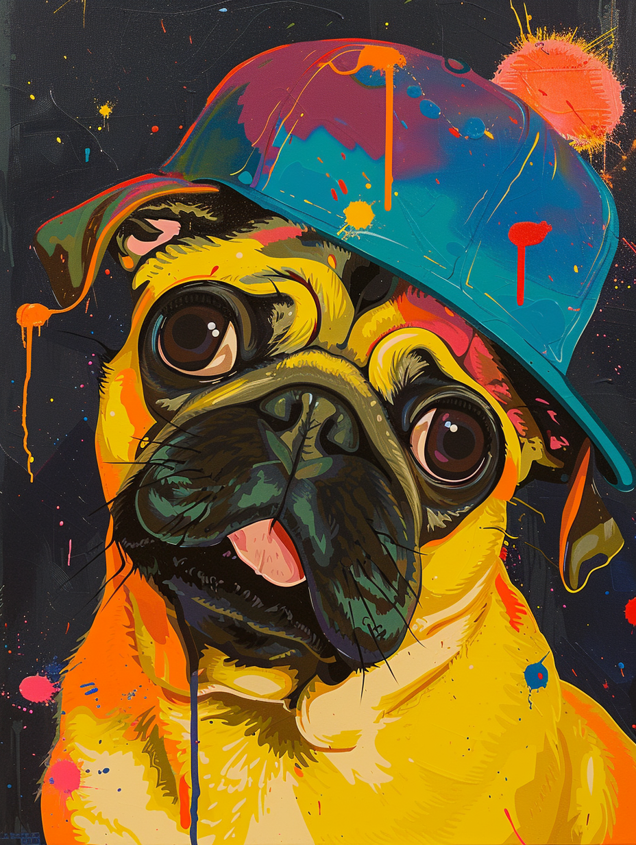 Colorful space Pug dog with a hat Expressive surreal Poster # F025006
